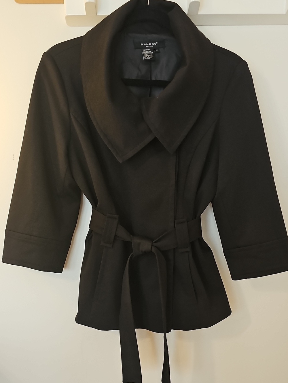 Sandro Size M Black Cropped Belted Trench Coat